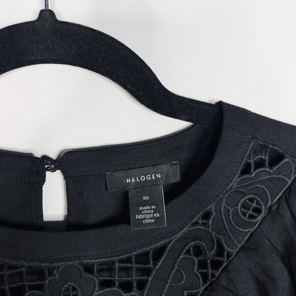 Halogen Medium M Black Eyelet Ruffle Yoke Detail Long Sleeve Blouse Top Peasant - Picture 6 of 8